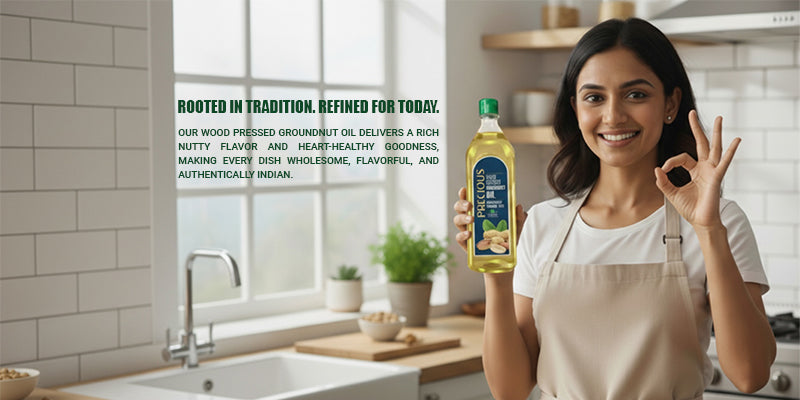 Woman holding a bottle of precious cold pressed groundnut oil in a kitchen