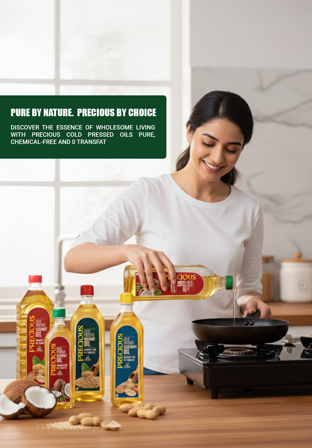 Woman cooking with the range of precious cold pressed cooking oil in a kitchen, with text about pure and precious oils.