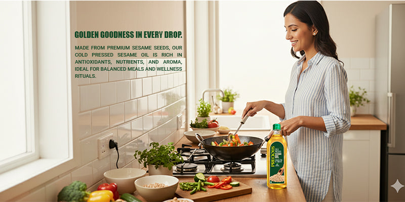 Woman cooking in a kitchen with a bottle of precious cold pressed sesame oil on the counter.