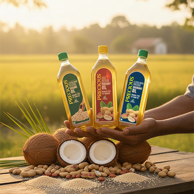 Three bottles of Precious cold pressed Oil with coconuts, peanuts and sesame on a wooden surface with a field background.
