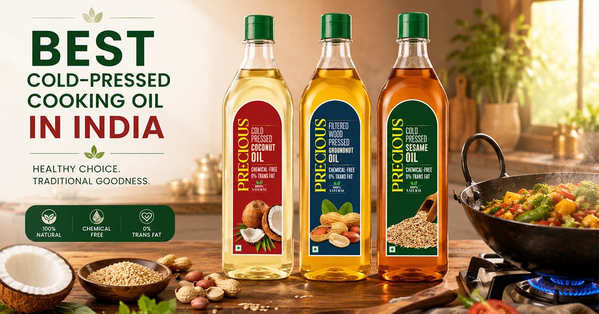 Best cold pressed cooking oil in India — Precious sesame, groundnut & coconut oil bottles