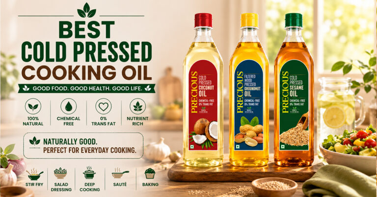 Best cold pressed cooking oil in India — Precious cold pressed coconut, groundnut and sesame oil. 100% natural, chemical-free, 0% trans fat, nutrient rich, perfect for stir fry, sauté and baking.