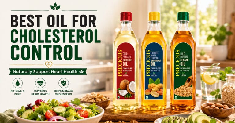 Best oil for cholesterol control — Precious cold pressed coconut, groundnut and sesame oil. Natural & pure, supports heart health, helps manage cholesterol, chemical-free, 0% trans fat.