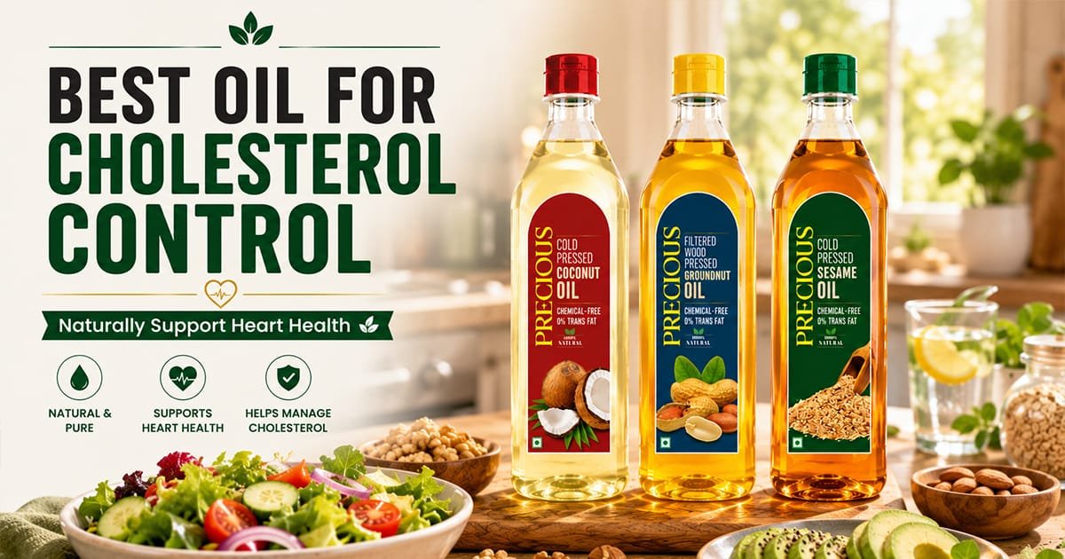 Best oil for cholesterol control — Precious cold pressed coconut, groundnut and sesame oil. Natural & pure, supports heart health, helps manage cholesterol, chemical-free, 0% trans fat.