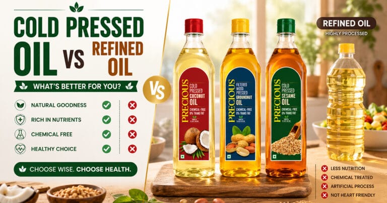 Cold pressed oil vs refined oil — Precious cold pressed coconut, groundnut & sesame oil vs highly processed refined oil