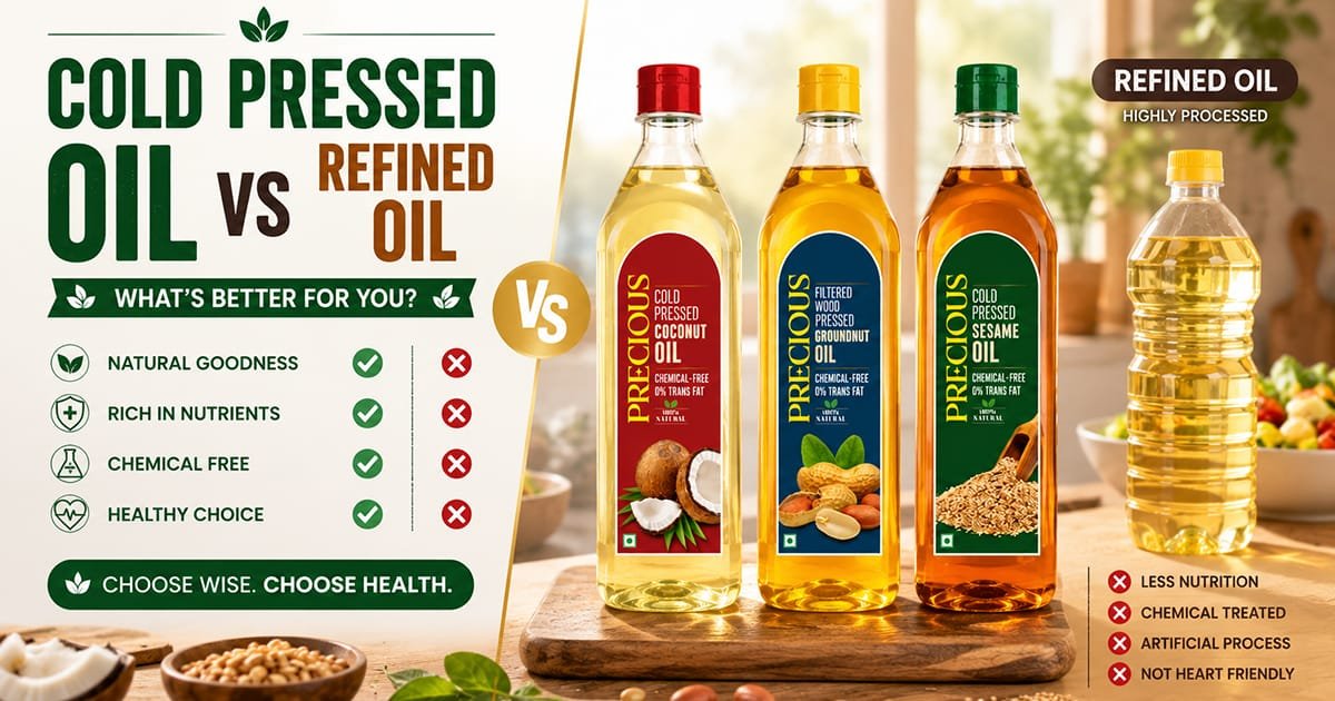 Cold pressed oil vs refined oil — Precious cold pressed coconut, groundnut & sesame oil vs highly processed refined oil