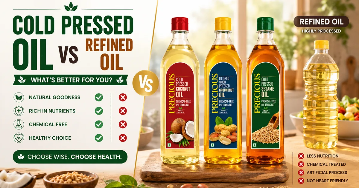 Cold pressed oil vs refined oil — Precious cold pressed coconut, groundnut & sesame oil vs highly processed refined oil