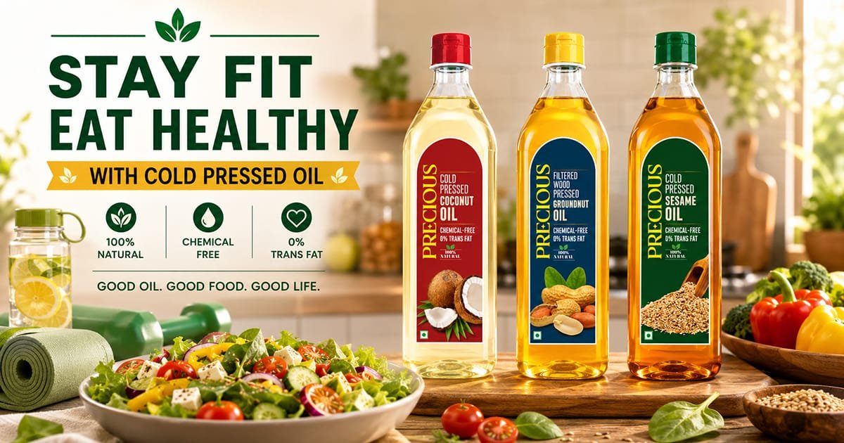 Stay fit eat healthy with cold pressed oil — Precious sesame, groundnut & coconut oil. 100% natural, chemical-free, 0% trans fat
