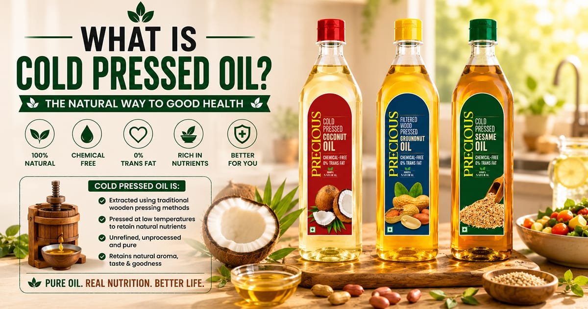 What is cold pressed oil — Precious cold pressed coconut, groundnut and sesame oil. 100% natural, chemical-free, 0% trans fat, rich in nutrients, extracted using traditional wooden pressing methods.