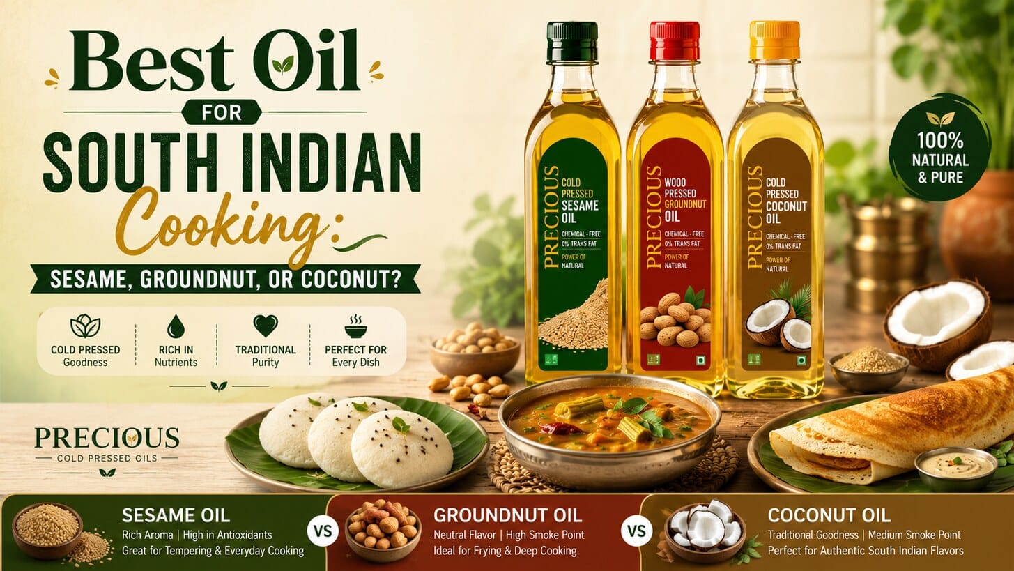 Best Oil for South Indian Cooking - Sesame, Groundnut and Coconut Cold Pressed Oil by Precious