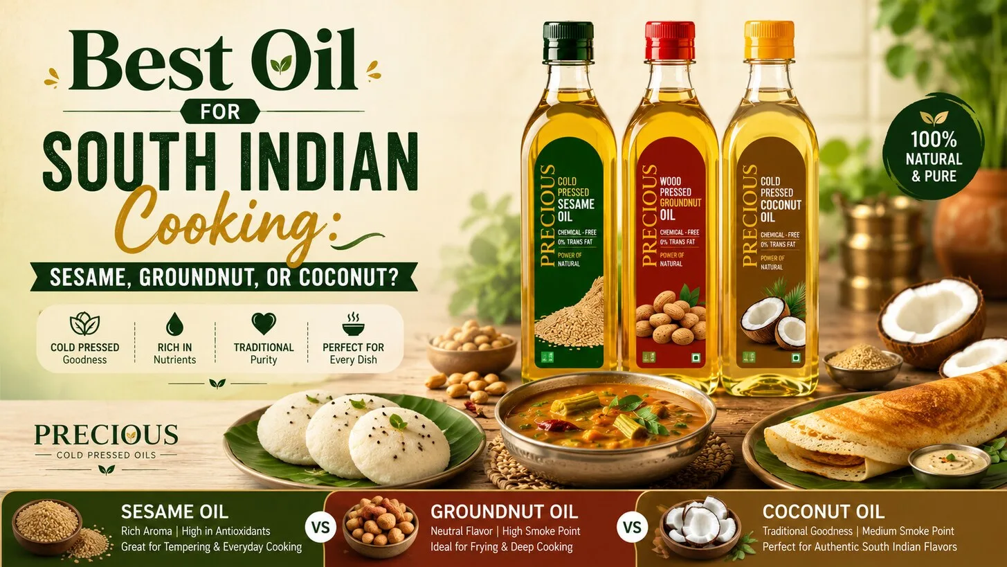 Best Oil for South Indian Cooking - Sesame, Groundnut and Coconut Cold Pressed Oil by Precious